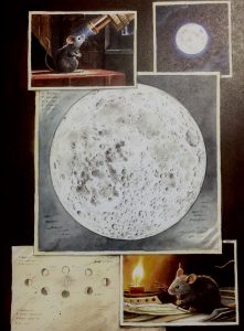 Die kleine Forschermaus beobachtet den Mond ganz genau, erkennt seinen Lauf um die Erde, macht Skizzen und schaut immer wieder durch ihr Teleskop in den Himmel.