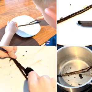 Forschen für Kinder Crème brûlée: Auskratzen einer Vanilleschote wird in einer Bildcollage gezeigt.