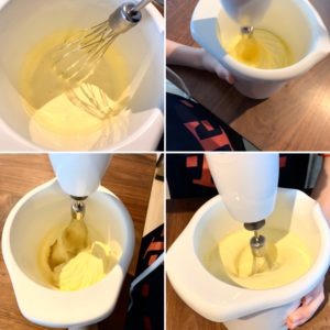 Forschen für Kinder Crème brûlée: Eigel plus Zucker lange verrühren, dann Vanillesahne hinzu und weiterrühren. 