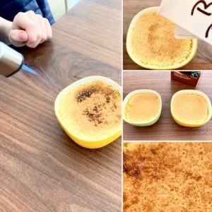 Forschen für Kinder Crème brûlée: Bildcollage zum Flambieren der Nachtische. Brauner Zucker auf der hell-gelben Oberfläche wird mit Hitze zu bräunlichem Karamell.