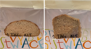 Zwei Scheiben Brot in einer verschlossenen Plastiktüte. Die Brotscheiben sind 1 Tag alt und wurden nicht angefasst. 