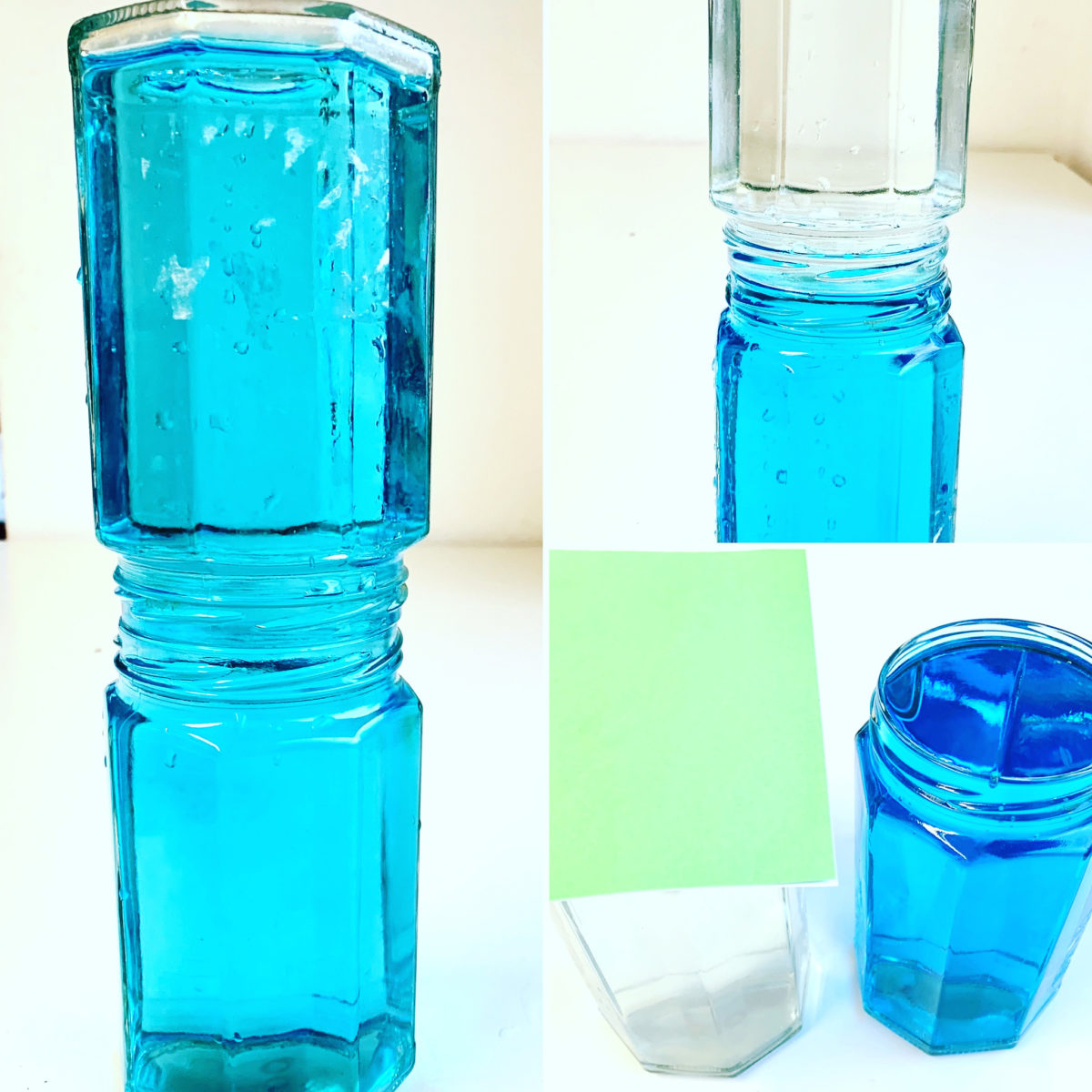 Zauberexperiment mit Wasser: heißes und kaltes Wasser je in einem Glas werden übereinander gestellt. Einmal vermischen sich die Wässer aus den beiden Gläsern, einmal nicht.